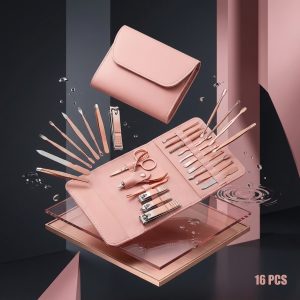 Stainless Steel Nail Cutter Tool Set 16pcs/set (Pink)